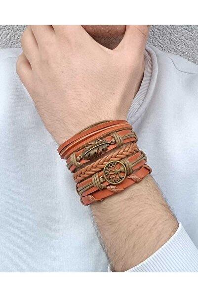 BSN Takı سوار من الجلد الطبيعي بلون أسمر مع أشكال برونزية عتيقة من أوراق شجرة...