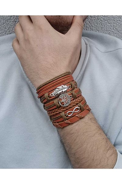 BSN Infinity Tree of Life Leaf Figured Taba Charm 6-Piece Genuine Leather Bracelet