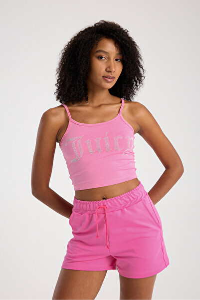 3 ROPE Juicy Stone Printed Rhinestone Dámské tílko Crop Halenka s popruhem Růžová