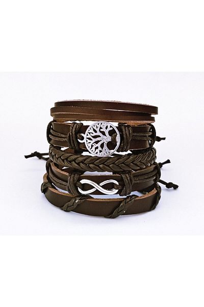 BSN Genuine Leather Bracelet 5 Pieces Infinity Tree of Life Figure Multi-Layer