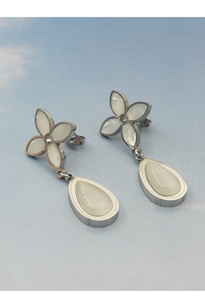 Siya Silver Damla Sedefli Çiçekli Zirkon Taşlı Sallantılı Kararmaz Çelik Küpe