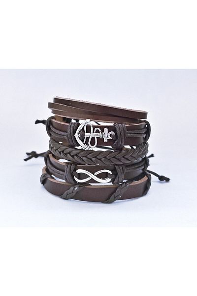 BSN Brown Genuine Leather Bracelet with Infinity Anchor Figure 5 Pieces