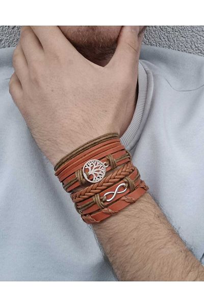BSN Store Tan 5 Piece Figured Tree of Life Genuine Leather Bracelet