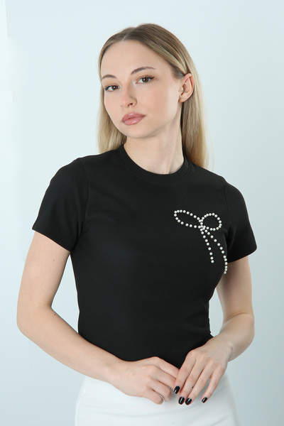 VeniLife Short Sleeve Blouse with Bead Embroidery and Bow Detail