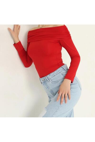 MODA بدلة للجسم برقبة قارب من الليكرا باللون الأحمر