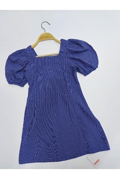 Çikoby Kız Çocuk Elbise Mavi İndigo Kareli Balon Kollu