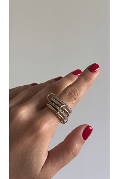 Mojo Jewellery Çelik 4'lü Halkalı Altın Kaplama Tasarım Zirkon Taşlı Yüzük