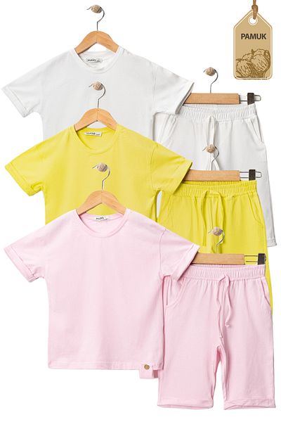 MK Mukko Kids Girl Boy Child Set of 3 Wooden Button Design Basic Summer Bottom Top Set (Yellow White Powder)