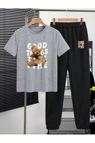 REBRAND Oversize Women's T-Shirt Set - Printed Bottom Top Tracksuit Set