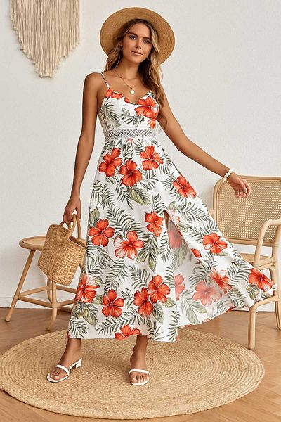 MODA Women's Rope Strap Waist Lace Red Floral Print Slit Maxi Dress (Available in Plus Size)