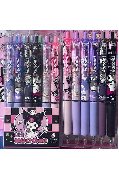 Miniso Kuromi 6Pcs Cartoon Sanrio Gel Pen Hello Kitty Kuromi ST Quick Drying Black 0.5mm Press The Ballpoin