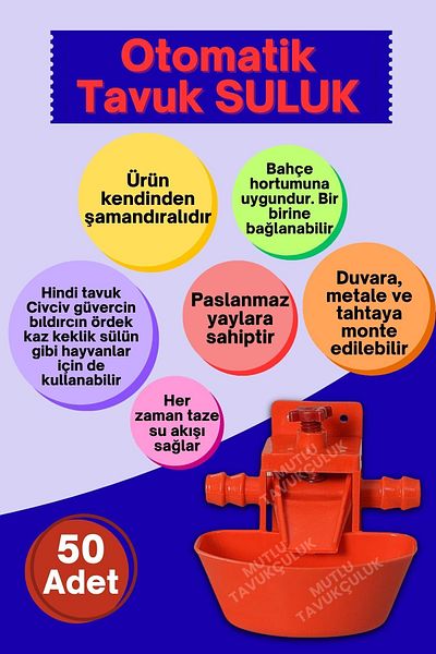 MUTLU TAVUKÇULUK Automatic Smart Chicken Chick Waterer Drinker 50 Pieces Plays Şebap Mail Plug Rotary Cabinet