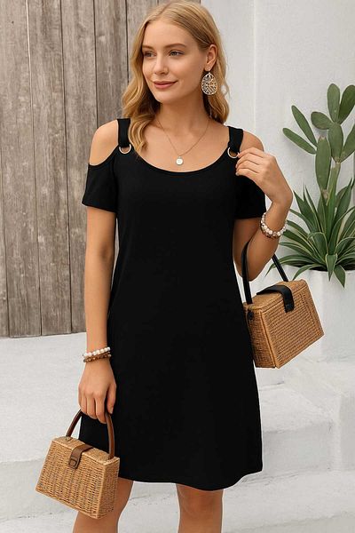 MODA Women's Strap Off-The-Shoulder Short-Sleeved Bird Eye Detailed Viscose Dress (Available in Large Sizes)