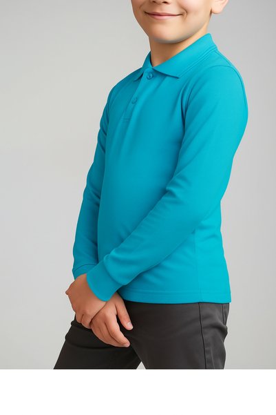 FATELLA Tricou unisex pentru copii, cu mânecă lungă, croială normală, confortabil, cu guler polo, culoare uni, pentru școală, din bumbac pieptănat, Lacoste