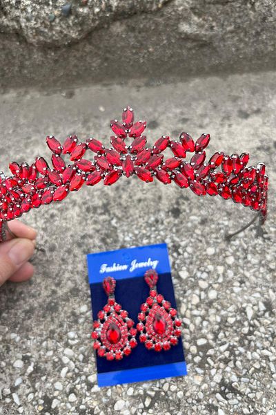 Hobigram Alejandro Red Bridal Henna Crown Special Day Accessory Women's Crown and Drop Shuttle Earrings Set