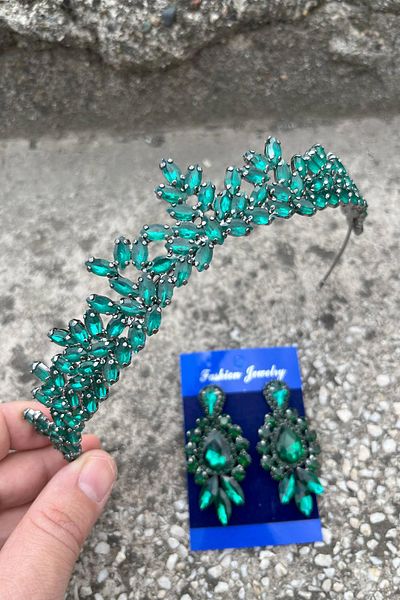 Hobigram Alejandro Green Bridal Henna Crown Special Day Accessory Women's Crown and Three Shuttle Earrings Set