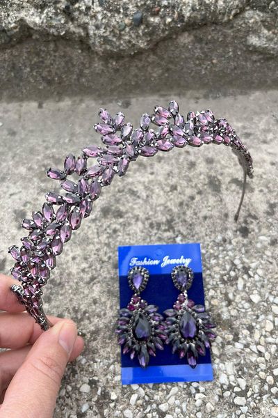 Hobigram Alejandro Purple Bridal Henna Crown Special Occasion Accessory Women's Crown and Wide Shuttle Earrings Set