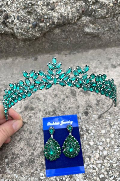 Hobigram Alejandro Green Bridal Henna Crown Special Occasion Accessory Women's Crown and Drop Shuttle Earrings Set