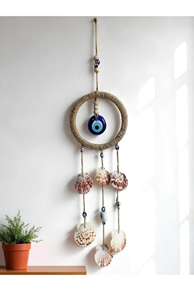 Grimsi Nazar Boncuklu Hasır Deniz Kabuklu Duvar Süsü Rüzgar Çanı