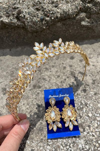 Hobigram Alejandro Gold Bridal Henna Crown Special Occasion Accessory Women's Crown and Three Shuttle Earrings Set