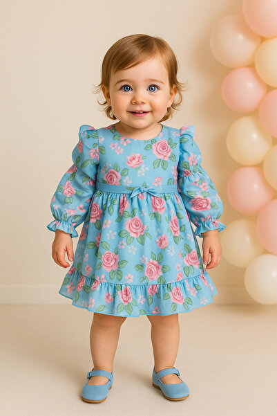 Masal Dünyası Bursa Çiçekli Vintage Model Kolları Fırfırlı Şifon Kız Çocuk Elbise 2-5 Yaş