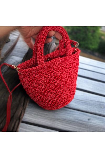 By G Tasarım Red Paper String Knitted Mini Bag with Handles