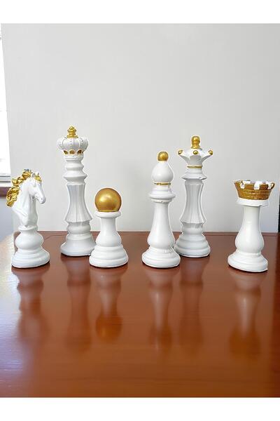 Grimsi Dekoratif 6lı Beyaz Gold Detaylı Satranç Biblo Set
