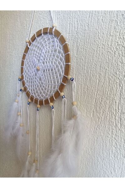 Grimsi Dekoratif Beyaz Ahşap Boncuk Detaylı Dantel Desenli Tüylü El Yapımı Düş Kapanı Duvar Süsü