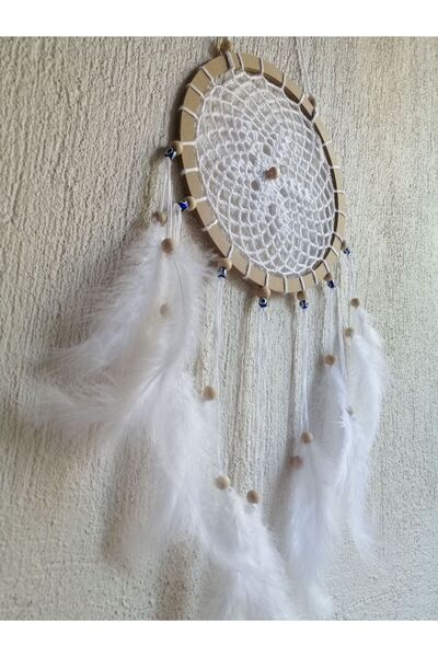 Grimsi Dekoratif Beyaz Ahşap Boncuk Detaylı Dantel Desenli Tüylü El Yapımı Düş Kapanı Duvar Süsü