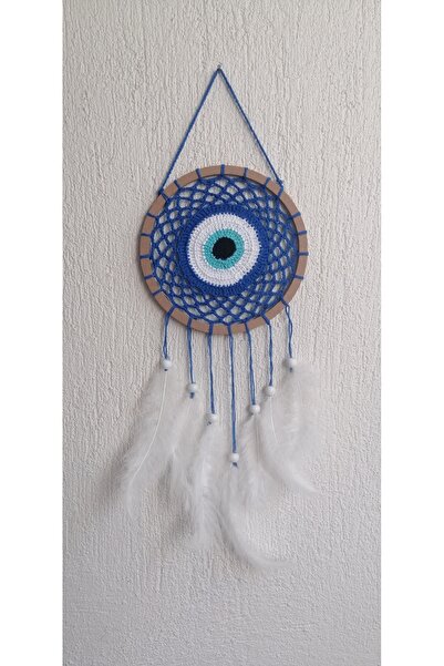 Grimsi Dekoratif Mavi Göz Şeklinde Tüylü El Yapımı Düş Kapanı Duvar Süsü