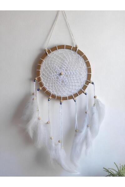 Grimsi Dekoratif Beyaz Ahşap Boncuk Detaylı Dantel Desenli Tüylü El Yapımı Düş Kapanı Duvar Süsü