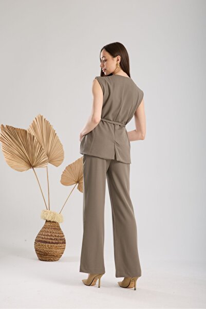 amurpars Khaki Gold Belt Detailed Women's Vest Pants Suit