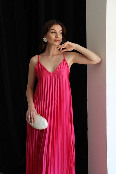 Julidress Φούξια Μακρύ Φόρεμα με λαιμόκοψη V με λουράκια Premium πλισέ