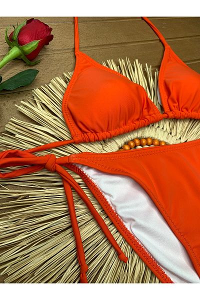 XORVİO Women's New Season Lycra Stretchy Side Halter Neck Stylish Drawstring Triangle Pomegranate Flower Bikini Set
