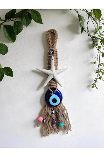 Grimsi Minik Beyaz Yıldız Nazar Boncuklu Makrome Duvar Süsü