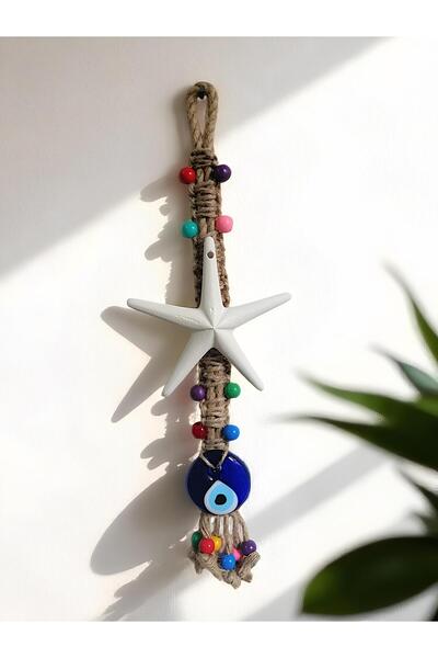 Grimsi Beyaz Yıldız Nazar Boncuklu Makrome Duvar Süsü