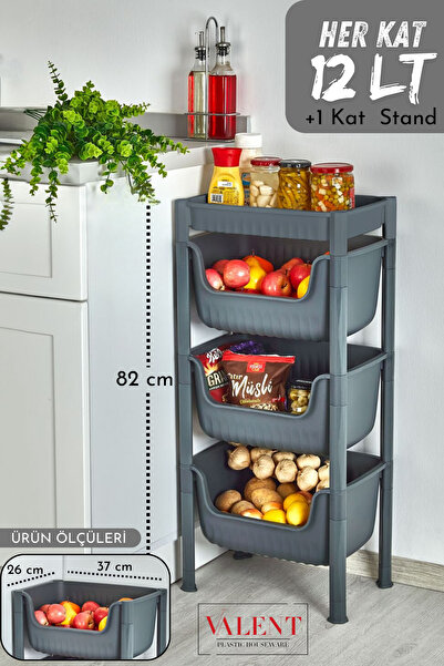 VALENT 3artı1 Katlı Neva Patates & Soğanlık, Katlı Sebzelik, Oyuncak Sepeti, Banyo Düzenleyici Raf Antrasıt