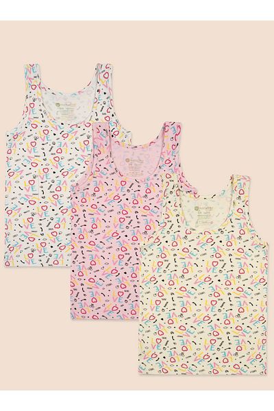 natuline Girl's Organic Cotton Lycra Undershirt Printed Love 3 Pack