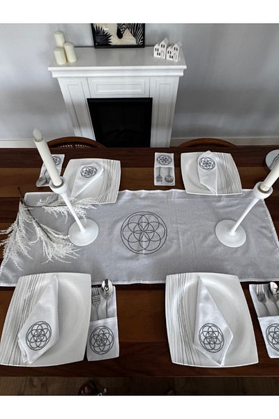 Menar Tasarım Flower of Life Embroidered Runner Napkin Cutlery Service Set 6 Person Design Table Cloth Set