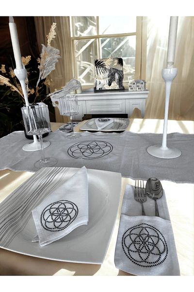 Menar Tasarım Flower of Life Embroidered Runner Napkin Cutlery Service Set 6 Person Design Table Cloth Set