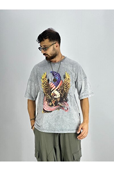 COCOPELLI Erkek Gri Yıkamalı Oversize Kartal Baskılı T-Shirt COC2216