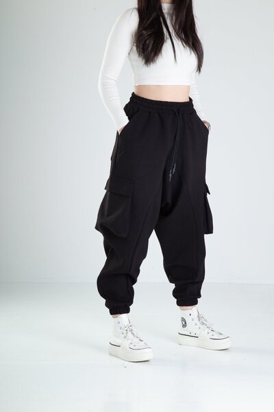 COCOPELLI Pantaloni de jogging negri pentru femei, buzunar cargo piese, supradimensionat COC2186