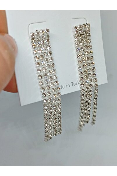 mos&more Gümüş Taşlı Su Yolu Sallantılı Kadın Küpe, 4 Şeritli