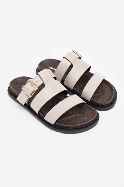 NİŞANTAŞI SHOES Laluna Beige Suede Buckle Detailed Flat Sole Women's Slippers