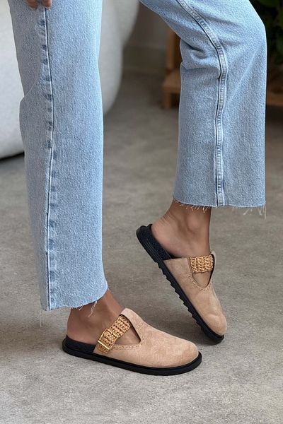NİŞANTAŞI SHOES Papuci de damă Sima Nude din piele intoarsa cu catarama detaliata cu talpa plată