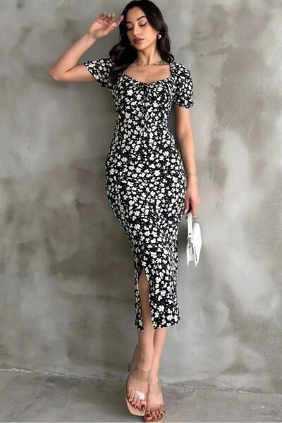 KaSheHa Desenli Göğüs Büzgülü Elbise 121 Cm