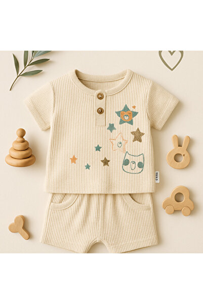 Mini Kids Baby Erkek Bebek Krem Yıldız Baskılı Waffle Kumaş Petek Dokulu Alt ...