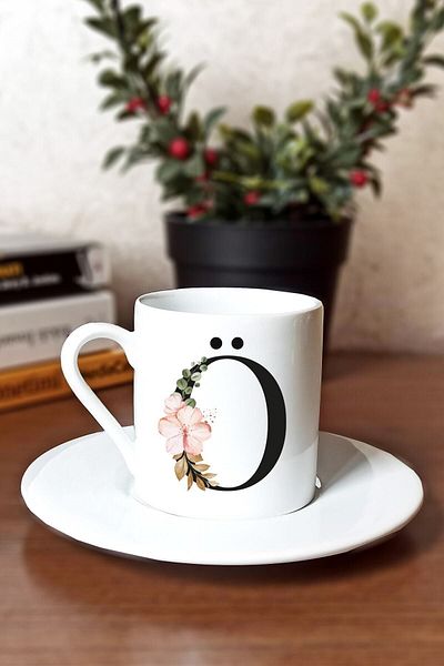 SporSen Caddemart| Floral Printed Porcelain Turkish Coffee Cup with Letter O