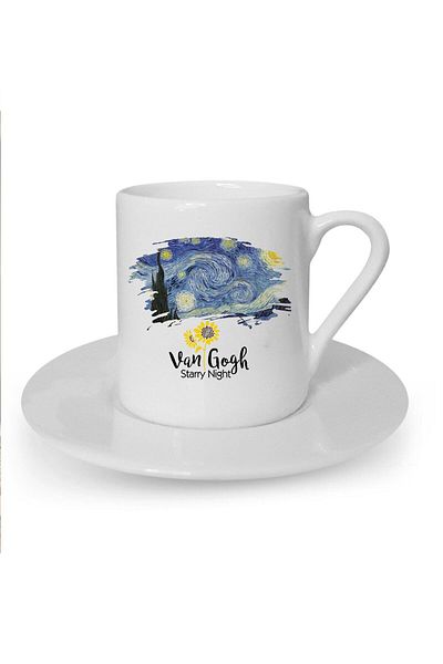 Kumbara Hediyelik Van Gogh Starry Night Printed White Turkish Coffee Cup