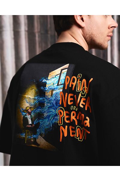 fame-stoned Tricou negru supradimensionat din bumbac 100% cu design Van Gogh, scris, imprimat și brodat